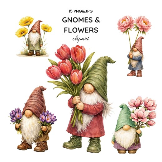 Gnomes Flowers Clipart, Whimsical Gnome Illustrations, Storybook Gnomes, Nursery Decor, Kids Graphics ( Digital Download-15 PNG JPG) - Etsy
