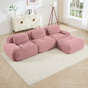 117" Modern Compressed Boneless Couch with Ottoman, 3 Seater Large L Shaped Sectional Couches for Living Room, Pink Corduroy Cloud Modular Sectional Sofa, Memory Foam, Extra Deep, No Assembly
