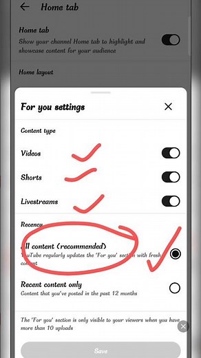 youtube studio home tab settings / home tab settings on yt studio #hometab #ytstudio #shorts