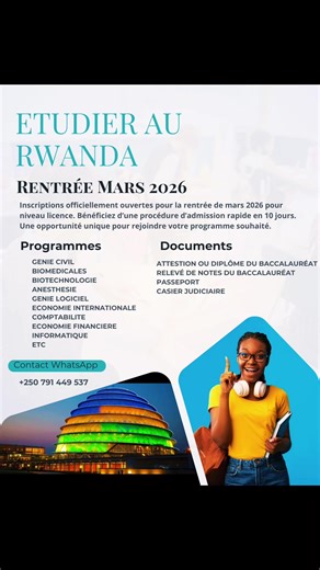 🎓 🎓🇷🇼 ÉTUDIER AU RWANDA RENTRÉE MARS 2026 🇷🇼✨ Vous souhaitez poursuivre vos études au Rwanda sans stress, sans complications et en toute sécurité ? Nous avons la solution parfaite pour vous ! 🎓 Formations disponibles : - Licence - Master - Cours de langue 📆 Prochaines rentrées : FÉVRIER | MAI | SEPTEMBRE 🚀 Ne ratez pas cette opportunité unique de bâtir votre avenir dans un pays en plein essor éducatif ! 📲 Contactez-nous dès maintenant sur WhatsApp : 📞 250 791 449 537 https://wa.me/mes