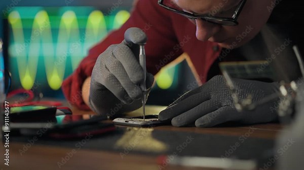 Fix. The master applies skills and experience to repair the components of the chip in the radio repair shop. The white race worker removes the components the chip and introduces modern repair methods
