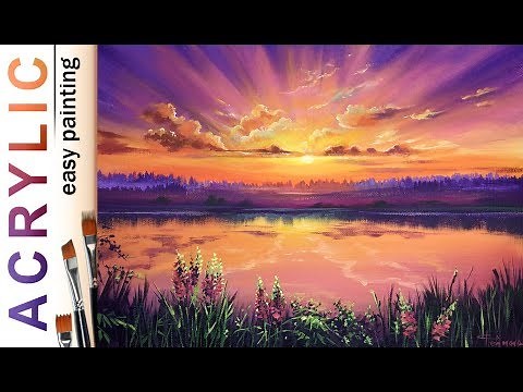 "Lake sunset with rays of sun" How to paint landscape🎨ACRYLIC tutorial DEMO