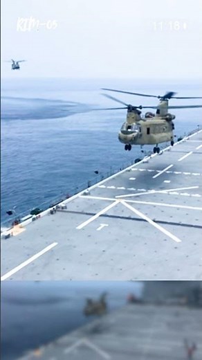 CH-47 Chinook helicopter landing on a large airstrip in the middle of the ocean