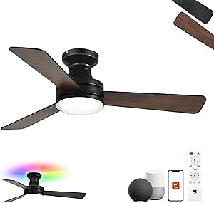 Orison Smart Ceiling Fans with Lights – 42" Low Profile Flush Mount, RGB Backlight & Dimmable LED, Alexa & Google Compatible, 6-Speed Reversible, App & Remote Control, Quiet & Energy Saving, Black