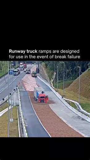 Business | News | Tech | Facts on Instagram: "Runaway truck ramps, or Arrester Beds, utilize rolling resistance and gravitational potential energy to stop massive vehicles traveling at high speeds when their air brakes fail due to brake fade. Most ramps are filled with a thick layer of uncrushed gravel or sand which creates high friction and "sinks" the tires, effectively absorbing the truck's kinetic energy and converting it into heat and displacement of the stones. By combining these friction 