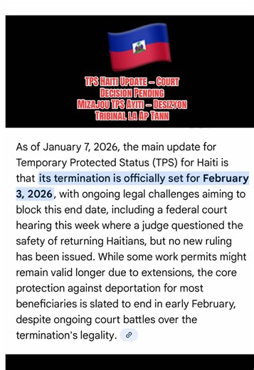 🇺🇸 TPS Haiti Update A federal hearing was held in Washington, DC regarding Haiti TPS. The judge stated a decision may be issued by February 2, 2026, one day before TPS is set to expire on February 3, 2026 (11:59 PM). Work permits (EADs) remain valid through February 3, 2026. This post is for information and awareness only. 👉 Save this post and share with someone who may need this update. 🇭🇹 Mizajou TPS Ayiti Te gen yon odyans federal nan Washington, DC konsènan TPS Ayiti. Jij la di li ka pr