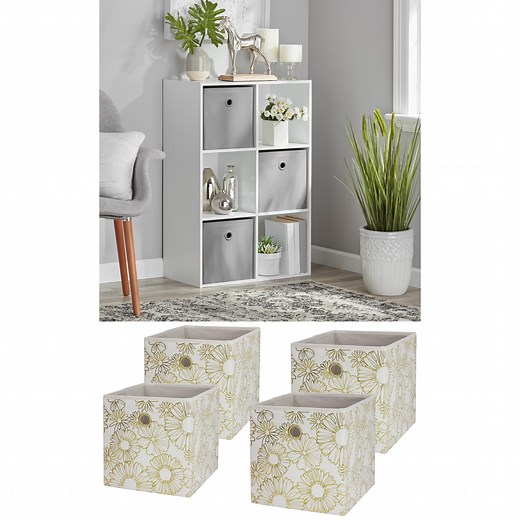 Mainstays 6 Cube Storage Organizer, White and Mainstays Collapsible Fabric Cube Storage Bins (10.5" x 10.5"), Gold Metallic, 4 Pack