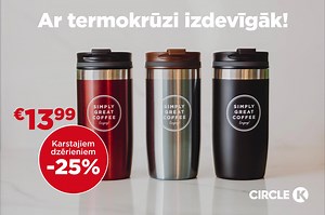 5.7K views · 54 reactions | Iegādājies Circle K termokrūzi un pievienojies Kafijas klubam, kura biedri vienmēr bauda karstos dzērienus ceļā ar 25% atlaidi! ☕️https://www.circlek.lv/kafijas-klubs Meklē jaunās termokrūzes lielākajās Circle K stacijās visā Latvijā! ☝️ Savā krūzē vinemēr izdevīgāk un videi draudzīgāk! Ja uzpildi savu iecienīto dzērienu savā krūzē, saņem 10% atlaidi, ja Circle K krūzē - 25% atlaidi. | Circle K Latvija | Facebook