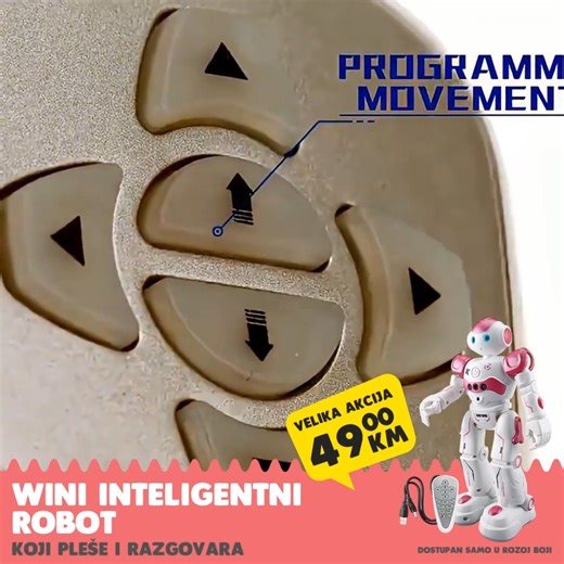 Super Akcija on Instagram: "🤖 Wini inteligentni robot koji pleše i razgovara 🤖 Akcijska cijena 49KM 🤖 🤖 Wini je inteligentni RC robot koji može stvoriti mnogo zabave za vašu malu djecu. ⭐ Kako se vaša ruka pomiče, senzor pokreta će otkriti takvo kretanje i navesti robota da se pomakne, povuče, skrene lijevo / desno. Zanimljivo je da će se, dok se patrolira naprijed i na putu nailazi na prepreku, pomaknuti unazad, a zatim skrenuti lijevo / desno. Da biste stvorili više zabave, možete programi