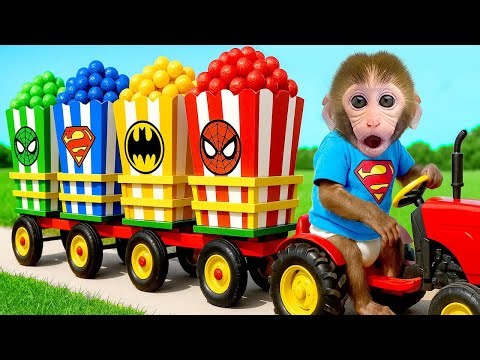 Söt apa Bon Bon kör lastbil med superhjälte popcorn och lagar mat vid Øresund