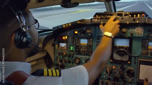 Professional pilot with headset operating the controls in an airplane cockpit, focused on the runway ahead for takeoff