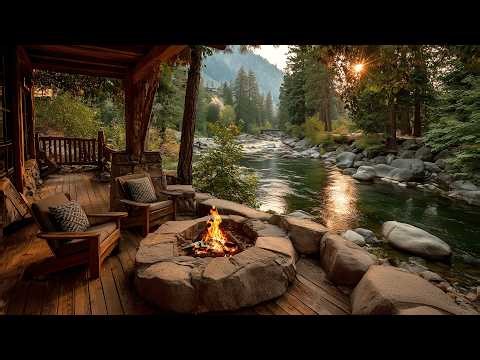 Gentle Spring River Porch Morning Nature & Campfire Sounds All Day Relaxation
