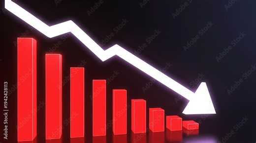 A modern economic crisis visualization with bright red bar graphs shrinking step by step
