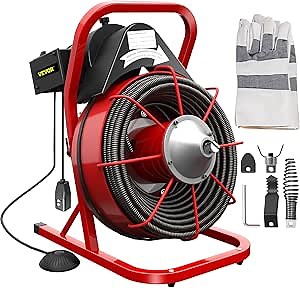 VEVOR Drain Cleaner Machine, 75 Ft x 1/2 Inch Drain Cleaning Machine Fits 2 to 4 Inch Pipes, Portable Drain Auger Cleaner with 4 Cutters, Electric Drain Clog Remover Plumbing Tool