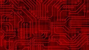 Download Red Computer chip with connections and signals. AI Computer processor background. Mother board circuit pattern background for free