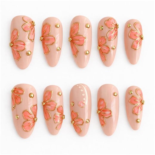 Peach Butterfly Press on Nails, Gold Outline 3D Butterfly Almond Nail Set, Elegant Handmade Glossy Reusable False Nails for Women - Etsy