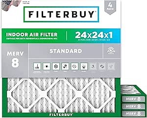 Filterbuy 24x24x1 Air Filter MERV 8 Essential Dust & Allergy Defense (4-Pack), Electrostatic Pleated HVAC AC Furnace Filters Replacement (Actual Size: 23.38 x 23.38 x 0.75)