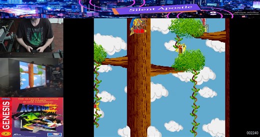 Matthew Picou battled giant cobras and muscular rhinos as a jacked-up cheetah on the crazy title Cheetahmen included as part of the Action 52 cartridge for the Sega Genesis. Climbing vines and ladders to punch out the tree-dwelling baddies while rescuing caged cubs, Matthew cleared 3 levels of the game for a new high score of 70,266 points. #segagenesis | Twin Galaxies