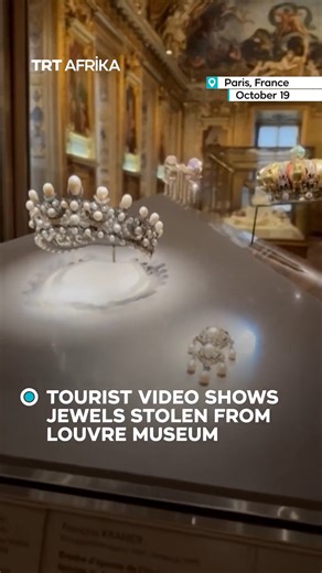 A tourist’s video shows what the priceless jewels looked like behind glass display cases at Paris’ Louvre Museum before they were stolen on October 19's heist at the world-famous site. The artefacts, which date back to France's imperial history, include the Imperial Crown of Empress Eugenie, reportedly dropped during the getaway and later recovered outside the museum, as well as the tiara and Reliquary Brooch of Empress Eugenie. | TRT Afrika