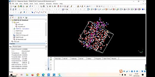 materials studio建立水和聚丙烯酰胺，做AC盒子，几何优化，forcite模块模拟分子动力学