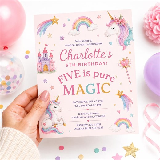 Girls Unicorn 5th Birthday Invitation, Editable Canva Template, Rainbow Party Invite - Etsy
