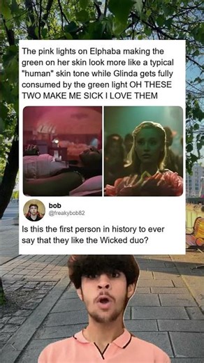 The pink lights on Elphaba making the green on her skin look more like a typical"human" skin tone