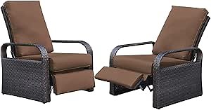 Skypatio Outdoor Recliners Set of 2, All-Weather Adjustable Patio Wicker Recliner Lounge Chair with Comfortable Cushions for Porch, Balcony, Yard, Indoor