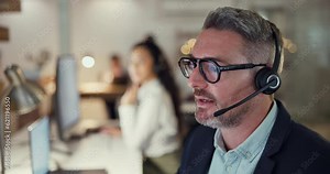 Agent, call center and man frustrated with customer account problem, error and telecom glitch. Stress, burnout and CRM consultant with anxiety for client challenge, bad sales service and working late