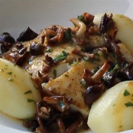 Pan-Roasted Halibut with Clamshell Mushrooms and Lemon Butter Sauce