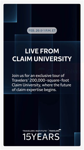 We’re live on site from Travelers own Claim University in Windsor, Connecticut for a very special #WednesdaysWithWoodward. Claim U, as it is known by our employees, is our flagship education hub, where we train thousands of our employees from across the organization. Tune in at 1 P.M. ET to hear our host, Travelers Institute President Joan Woodward, and other experts, give a special behind the scenes look at the state-of-the-art facilities and labs: https://travl.rs/43hfN4L #LiveatClaimU | Trave