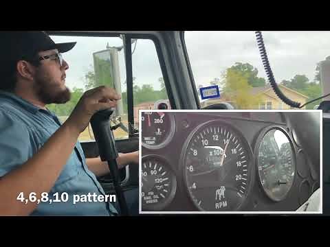 Upshifting and downshifting 10 speed truck, tachometer rpm gauge view