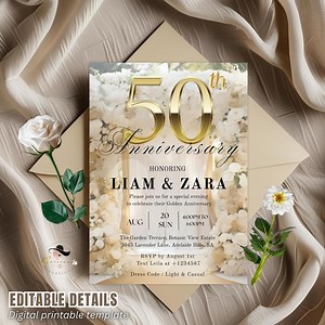 Editable 50th Anniversary Invitation Golden Wedding Anniversary Party Invite Digital 50th Birthday Dinner Card Printable Floral Template - Etsy