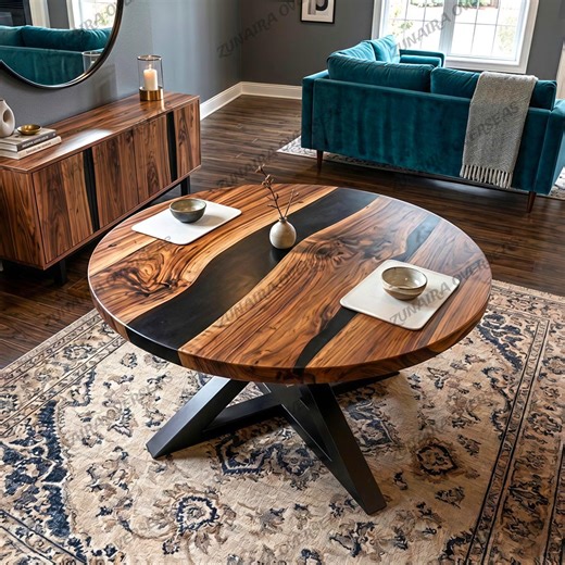 Round Black Epoxy Resin Coffee Table, Solid Wood River Table, Handmade Center Table, Modern Living Room Table - Etsy