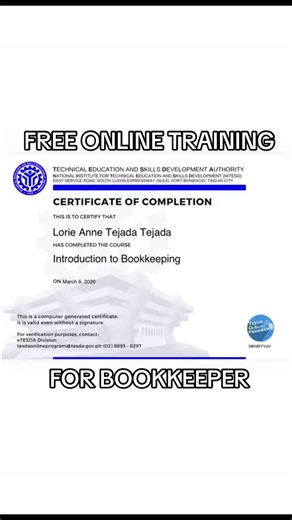 ✨✨ FREE BOOKKEEPING CERTIFICATE ISSUED BY TESDA. Kahit nasa bahay lang, any time, any where pwedeng simulan 😊 grab nyo narin guys, additional credential din, share nyo rin sa iba, sharing is caring 🥰 #VA #bookkeeping #bookkeeper #viral #fyp
