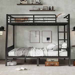 Heavy-Duty Metal Bunk Bed Full Over Queen with Ladder and Slats, Black