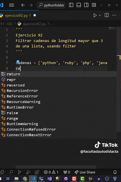 Aprendiendo python con ejercicios 92/100 Filtrar cadenas de longitud mayor que 3 de una lista, usando filter #autodidacta #facultadautodidacta #python #pythonprogramming