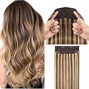 Invisible Wire Extensions Clip in Hair Extensions with Fish Line 20inch Wire Hair Extensions Real Human Hair 100g Ombre Highlights Brown to Blonde #4/613
