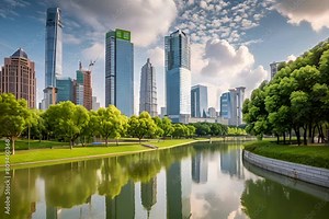 Captivating cityscape scene of bustling river flowing through modern metropolis, highlighting the vibrant energy and harmonious coexistence of nature and urban development