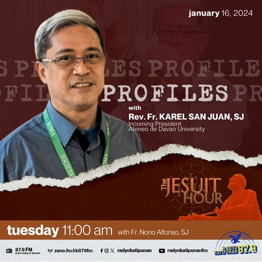 1.8K views · 52 reactions | Get to know the incoming president of the Ateneo de Davao University, Fr. Karel San Juan, SJ on our Profiles episode this week on #TheJesuitHour. LIVE tomorrow at 11 AM here on #RadyoKatipunan. Simulcast over youtube.com/radyokatipunanfm |  87.9 FM |  zeno.fm/rk879fm | Radyo Katipunan 87.9 FM | Facebook