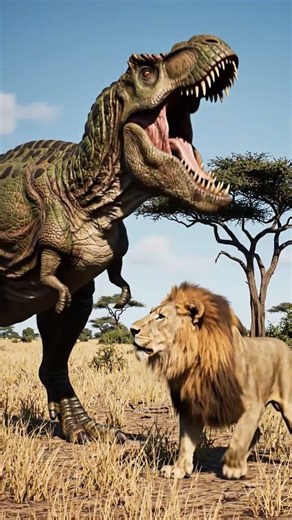 T REX ROAR FRONT OF A LION