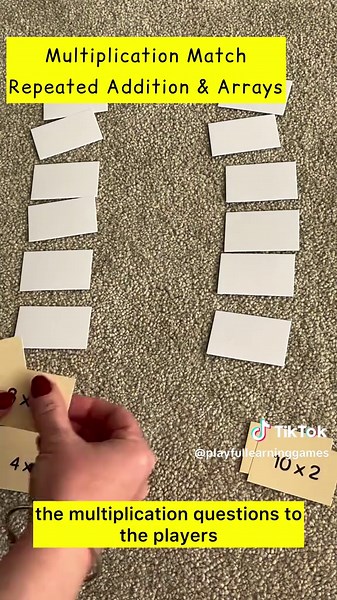 Multiplication Match! This game is great for helping children to gain a deeper understanding of understanding of multiplication through the use of repeated addition and arrays. It’s similar to a game of pairs but it can be played in different ways depending on what you want to focus on with your children. Comment ‘match’ to be sent the link to this game, available in my printable calculations games page on my website. #multiplication #arrays #repeatedaddition #mathsgames #ks2 #playbasedlearning 