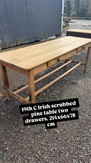 🪑RH Vintage Interiors 🖼️ on Instagram: "Two stunning tables just out of the workshop, a Victorian scrubbed pine kitchen table with two stretchers and two drawers. L: 214cm D: 66cm H: 78cm €1750. Next a 19th C pitch pine kitchen table with history. L: 183cm D: 85cm H:78cm €1350. Stamped WD 48 for War Dept. 1948 . With turned legs that unscrew. Also a few other items of new stock. #antiquedecor #vintage #vintagefurniture #antiques #chalkpaintedfurniture #furniturerestoration #irela