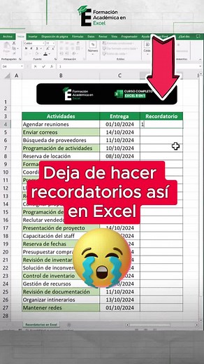Crea recordatorios rápidamente en Excel 😎🔥 #formacionacademicaexcel #exceltips #Excel
