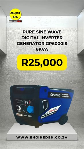 Pure Sine Wave Digital Inverter Generator GP6000IS 6KVA (New) – R25,000 Stable, reliable power at your fingertips. The GP6000IS 6KVA inverter generator delivers clean, consistent electricity, perfect for homes or work sites that need dependable energy this festive season. 📩 All contact links: https://linktr.ee/engineden (Offers valid while stocks last. E&OE. T&Cs apply.) #InverterGenerator #ReliablePower #FestiveReady #EngineDen | EngineDen