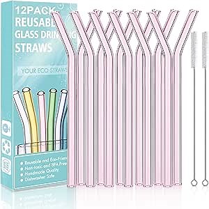 Reusable Bent Glass Drinking Straws,Set of 12 Bent Straws With 2 Cleaning Brushes,Shatter Resistant,Non-Toxic,Eco Friendly Reusable Straws (Pink 12 Pack)