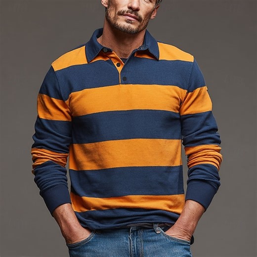 Men's Horizontal Stripes Rugby Polo Long Sleeve Polo Shirts Collared Shirts Sportswear Casual School Outdoor Athleisure 3D Print Spring Fall Winter Yellow Orange Green 2025 - $15.49