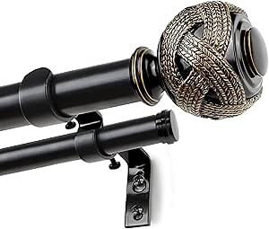 1 Inch Double Curtain Rods 72 to 144 Inches (6 to 12 ft), USFOOK Black Drapery Rods for Windows 69 to 140 Inches, Telescoping Dual Curtain Rod with Woven Leaf Finials