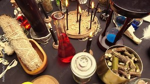 Witchcraft still life with witch weeds. Esoteric gothic and occult witch table for Halloween. Various magic objects and ritual arrangement with symbols. Gothic Halloween.