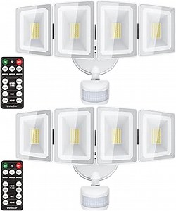 USTELLAR 100W 10000LM LED Security Lights Motion Sensor Outdoor, Remote Control 4 Heads LED Flood Light Outdoor, 5000K Daylight, IP65 Waterproof, Bright Motion Detected Light Outside Yard-2 Pack