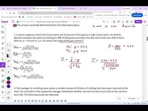 AP Statistics Unit 9 review sheet # 6, 7 & 8